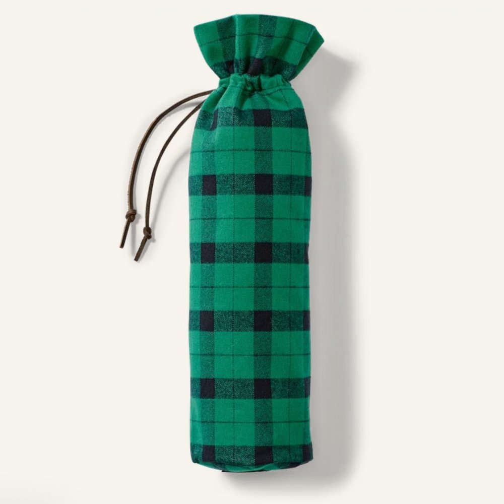 Filson Green Cotton Flannel Wine Bottle Gift Bag w/ Leather Tie Strap